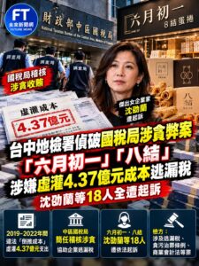 台中地檢署偵破國稅局涉貪弊案　「六月初一」、「八結」涉虛灌4.37億元成本　沈劭蘭等18人遭起訴